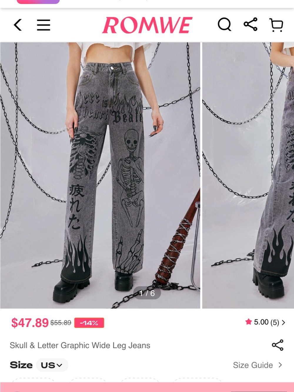 ROMWE Gray Wide-Leg Jeans with Black Skull & Flame Graphics